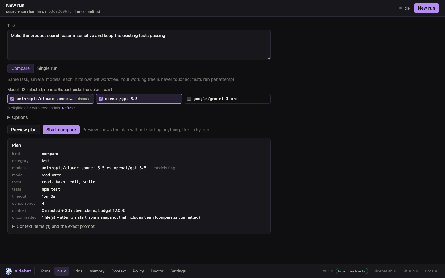 Sidebet web UI New run page: a task field, a Compare or Single run switch, a model picker showing policy eligibility, options, and Preview plan and Start compare buttons